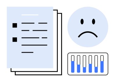 Verilerin toplandığı dokümanlar, hüzünlü yüz ifadeleri ve azalan istatistikleri gösteren bar tablosu. Ticari başarısızlık için ideal, rapor analizi, düşük performans, geri bildirim, gözden geçirme, basit iniş zorlukları