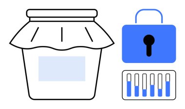 Kumaş kapaklı kavanoz, mavi asma kilit ve test tüpleri güvenlik, koruma ve kalite güvencesi temaları çağrıştırıyor. Güvenlik yönetimi, laboratuvar araştırması, sağlık, lojistik sürdürülebilirlik için ideal