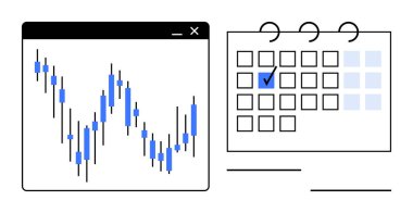 Pencerede işaretli tarihli takvimle eşleştirilmiş borsa şamdan şeması. Finans, strateji, planlama, programlama, veri analizi, tahminler, zaman yönetimi için ideal. Düz basit