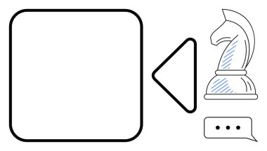 Satranç şövalyesi parçası, elipsli konuşma balonu, oyun düğmesi ve boş kare vurgu stratejisi, iletişim ve karar verme mekanizması. Liderlik, planlama, strateji iletişimi için ideal