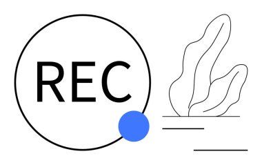 Mavi nokta ve soyut bitki çizgileri olan dairesel REC düğmesi. Medya arayüzleri, teknoloji kavramları, yaratıcılık, dijital araçlar, markalaşma, modern tasarım, basit iniş sayfası için ideal