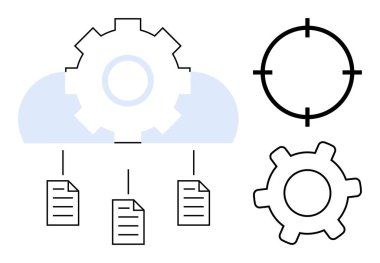 Sistem otomasyonu için belgelere bağlı vites ve bulut, hassasiyet için hedef sembol. Veri, iş akışı süreçleri, bulut depolama, hedef belirleme, otomasyon, organizasyon teknolojisi için ideal. Düz