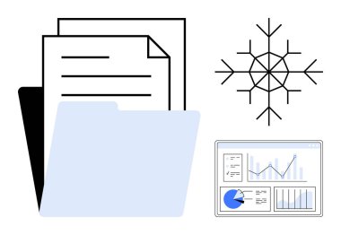 Belgeler, kar tanesi simgesi ve ekranda veri grafikleri olan dizin. Veri organizasyonu, kış temalı araştırma, analitik, ofis çalışması, proje planlaması, basit iniş sayfası raporlama için ideal