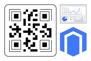 Çizelge ve grafikleri gösteren analitik gösterge panelinin yanındaki QR koduna mavi soyut logo eşlik ediyor. Teknoloji, pazarlama, analitik, veri yönetimi, uygulama geliştirme ve markalaşma için ideal