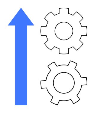 Mavi ok, büyümeyi, gelişmeyi ve işlem optimizasyonunu temsil eden iki ana hatlı dişlinin yanında yukarı bakıyor. İlerleme, yenilik, otomasyon, takım çalışması, verimlilik kavramları için ideal