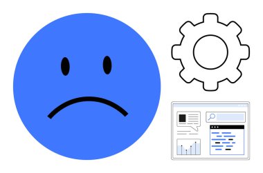 Mavi üzgün yüz, vites simgesi ve çizelgeli veri paneli ve arama çubuğu. Hata raporlama, sistem sorunları, geri bildirim koleksiyonu, kullanıcı memnuniyetsizliği, teknik sorunlar, çevrimiçi tanı konuları için ideal
