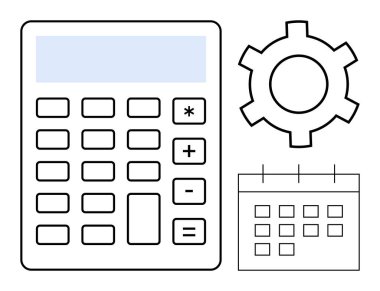 Hesap makinesi, dişli ve takvim finansal yönetim, zamanlama ve verimlilik araçlarını temsil ediyor. Üretkenlik, iş stratejisi, muhasebe, otomasyon proje yönetimi için ideal