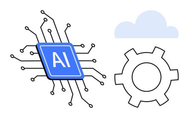 Bir dişli ve bulut yanında devre çizgileri olan yapay zeka çipi, makine öğrenmesini, otomasyonu ve bulut hesaplamasını temsil ediyor. Teknoloji, yenilik, yazılım, yapay zeka, otomasyon dijital stratejisi için ideal