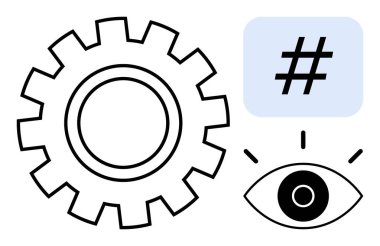 İşlem için vites, görme için göz ve iletişim için meta veri etiketi. Teknoloji, yenilik, ağ, analitik, süreçler, dijital iletişim ve basit iniş sayfası için ideal