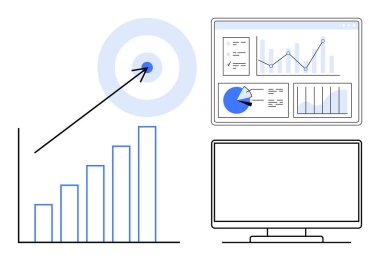 Yukarı doğru eğilimli çubuk grafik, oklu hedef, veri analiz ve monitörlü gösterge paneli. İş stratejisi, veri görselleştirme, ilerleme izleme, pazarlama analizleri ve finans için ideal