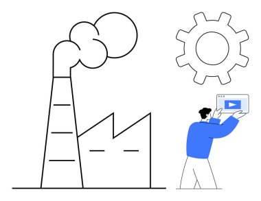 Duman yığını olan fabrika, işlem konsepti olarak teçhizat ve ekranı elinde tutan kişi. Endüstri, teknoloji, imalat, otomasyon, mühendislik, eğitim için ideal basit iniş sayfası