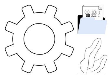Dekoratif soyut bir bitki içeren ikili dosyaları içeren dosya dizininin yanındaki dişli simgesi. Teknoloji, otomasyon, veri yönetimi, yazılım araçları, kodlama, sistem süreçleri için ideal, basit iniş sayfası