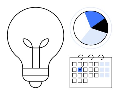 Fikirleri temsil eden ampul, analiz için pasta grafiği ve planlama için seçilmiş tarihli takvim. Yaratıcılık, strateji, programlama, organizasyon, beyin fırtınası, zaman yönetimi için ideal