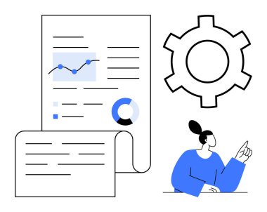 Üzerinde grafikler, grafikler ve vites simgesi olan analitik belge düşünen bir insanın yanında. İş, veri paylaşımı, strateji, takım çalışması, optimizasyon, eğitim ve basit iniş sayfası için ideal