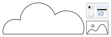 Bir arama arayüzü, veri analizi gösterge paneli ve görüntü önizlemesi içeren ögelerle birlikte bulut ana hatları. Teknoloji, bulut hesaplama, veri görselleştirme, dijital depolama, web tasarımı, İnternet için ideal