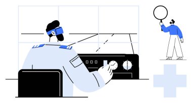 VR kulaklık takan pilot elinde nesne tutan kokpit kontrol mühendisi. Havacılık, teknoloji, takım çalışması, VR simülasyonu, kontrol sistemleri, yenilik, basit iniş sayfası için ideal