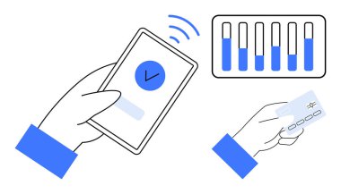 Akıllı telefon ve kart işlemleri yoluyla cep telefonu ödemelerinden yararlanan eller veri tablosundaki ilerlemeyi izliyor. Fintech, e-cüzdan, analitik, teknoloji, bankacılık, ödeme işlemleri için ideal