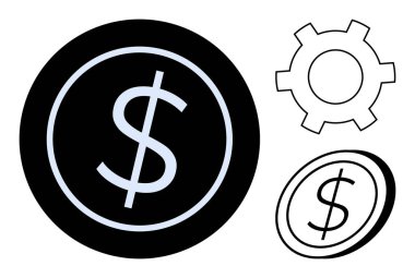 Dişli ve çizgili sembollü kara paranın üzerindeki dolar sembolü. Finans, para birimi, iş stratejisi, ekonomi, yatırım, teknoloji için ideal