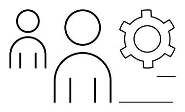 Takım çalışmasını, işbirliği ve sistem entegrasyonunu sembolize eden bir dişlinin yanında iki soyut insan figürü. İş için ideal, İK, iş akışı, yönetim, otomasyon, basit iniş sayfasına danışma