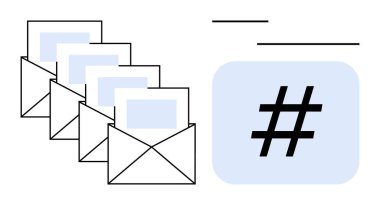 Bir üstveri etiketinin yanında içeriği olan dört açık zarf. E- posta pazarlama, dijital ağ, verimli iletişim, içerik paylaşımı, markalaşma, sosyal yardım ve basit bir iniş sayfası için ideal