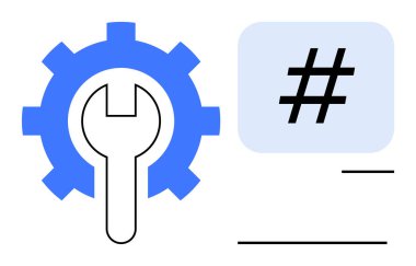 İngiliz anahtarı ve mavi meta veri etiketi olan vites, ayarlar, kodlama ve sosyal medya. Teknoloji, iş akışı, optimizasyon, sistem yönetimi, sorun çözme yazılımı için ideal basit