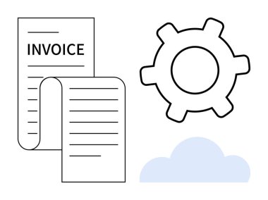 Dişli ve bulut elementli fatura belgesi, otomasyonu, dijital süreçleri ve bulut finansmanını temsil ediyor. Muhasebe, fatura, iş akışı, Fintech SaaS yenilik verimliliği için ideal. Düz