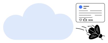 Soyut bulut, onaylı ve yorumlu sosyal medya paneli, virüsü sembolize eden bir sinek. Dijital trendler, bulut teknolojisi, sosyal medya, analitik, pazarlama ve bağlantı için ideal basit