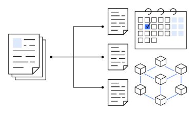 Bir takvim ve birbirine bağlı blok sistemine bağlı olarak kategorilere ayrılmış belgeler. Proje planlaması, belge organizasyonu, veri akışı görselleştirme, takım çalışması planlaması, verimlilik için ideal