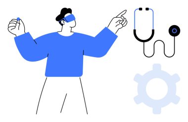 Sanal gerçeklik kulaklığı takan kişi gelişmiş teknoloji araçlarıyla etkileşimde, steteskop sağlık hizmetini temsil ediyor, mavi dişli çarkı yeniliği simgeliyor. Teletıp ve dijital sağlık için ideal