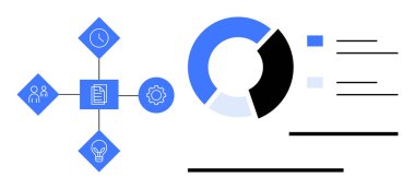 Bölümlü verilerle pasta grafiği, zaman simgeleriyle akan akış, takım çalışması, ekipman ve fikir. Analiz, strateji, organizasyon takım çalışması iş akışı yeniliği için idealdir. Düz basit metafor