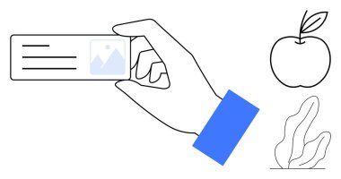 El ele tutuşma kartı, resim ve metin, basit elma ve bitki çizimleri. Markalaşma, kimlik, eğitim, profesyonellik, çevre dostluğu, minimalizm ve basit iniş sayfası için ideal