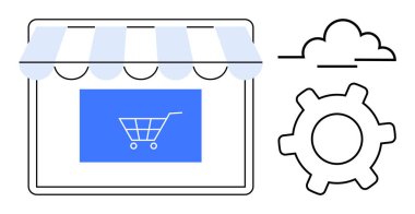 Çizgili tenteli dijital vitrin, ekranda alışveriş arabası, bulut ve vites simgesi. E-ticaret, çevrimiçi iş, otomasyon, bulut hizmetleri alışveriş teknolojisi ve bağlantı için ideal. Düz