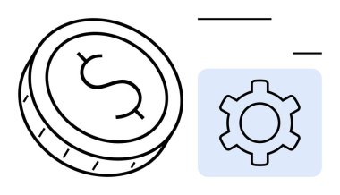 Bir dişli ikonunun yanında dolar işareti var. Para, finans, ayar ve entegrasyon sürecini sembolize ediyor. Fintech, muhasebe, geliştirme, otomasyon için ideal, basit iniş sayfası kaydediliyor