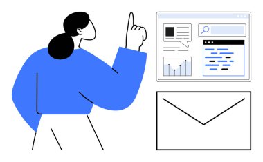 Zarfın yanında çizelgeler, mesajlar ve arama çubuğuyla ekranı gösteren bir kadın. Dijital pazarlama, e-posta kampanyaları, analitik, iletişim, eğitim, teknoloji sade iniş sayfası için ideal