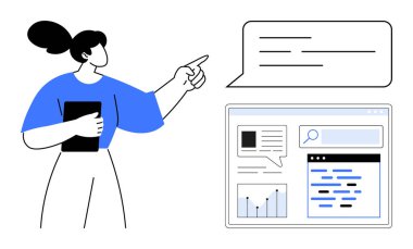 Elinde tablet bulunan kadın web arayüzü, veri, arama çubuğu ve grafiklerle birlikte dijital konuşma baloncuğuna işaret ediyor. İletişim, veri analizi, takım çalışması, sunumlar, UI tasarımı, teknoloji için ideal