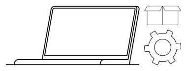 Dizüstü bilgisayarın, açık kutunun ve teçhizatın minimalist çizimi. Teknoloji, yazılım geliştirme, e-ticaret, lojistik, takım çalışması, üretkenlik sade iniş sayfası için ideal
