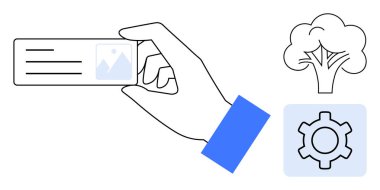 Resim tutucu, doğayı sembolize eden ağaç ve teknoloji için teçhizatlı el ele tutuşma kartı. Sürdürülebilirlik, çevre dostu kavramlar, teknoloji entegrasyonu, çevre tasarımı, iş dünyası için ideal