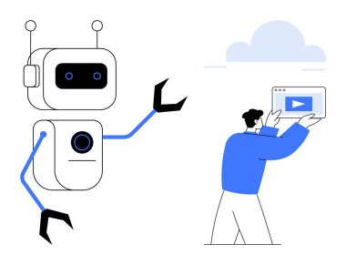 Bireysel olarak etkileşime geçen robot ve insan video içerikli bir dijital pencere tutuyor. AI, teknoloji, yenilik, eğitim, dijital öğrenme, takım çalışması ve basit iniş sayfası için ideal