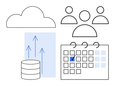 Bulut, veri tabanı, büyümeyi gösteren oklar, takım simgeleri ve tarihi belli bir takvim. İşbirliği, veri yönetimi, bulut hizmetleri, ekip planlama büyüme izleme zamanlaması için ideal