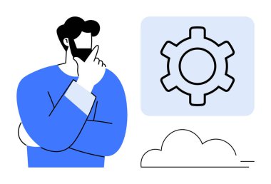 Teçhizat ikonunu analiz eden düşünceli bir adam problem çözmeyi, yeniliği, stratejiyi ve gelişimi sembolize ediyor. Takım çalışması, karar verme, proje yönetimi ve iş süreçleri için ideal. Mükemmel.