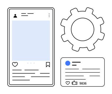 Profil gönderisiyle mobil sosyal medya arayüzü, ayarlar teçhizatı ve etkileşim metrikleri. Kullanıcı deneyimi, teknoloji tasarımı, uygulama geliştirme, sosyal medya pazarlaması, arayüz çalışmaları, ağ oluşturma için ideal