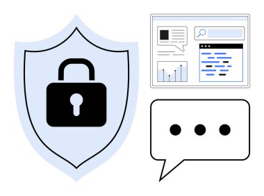 Kilitli kalkanlar güvenliği simgeler, grafikler ve verilerle ağ arayüzü ve sohbet baloncuğu. Siber güvenlik, veri gizliliği, ağ güvenliği, güvenli iletişim, uygulama tasarımı, basit teknoloji için ideal