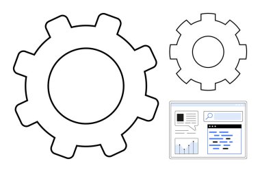 Arama çubuğu, grafik, veri tablosu ve metin alanları olan bir tarayıcı penceresinin yanında birbirine bağlı iki vites. Teknoloji, yenilik, veri akışı, planlama, mühendislik süreci optimizasyonu için ideal basit