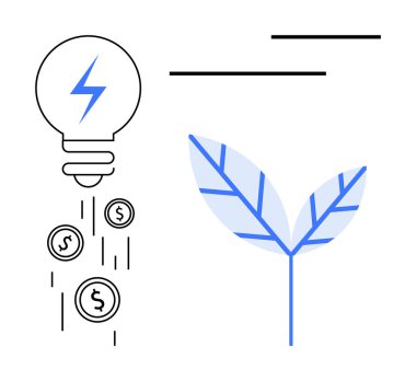 Yapraklı sikkeler yayan ampuller büyümeyi, yenilenebilir enerjiyi ve ekolojik bilinç gelişimini temsil ediyor. Sürdürülebilirlik, yenilik, finans, yatırım, çevre, enerji verimliliği için ideal