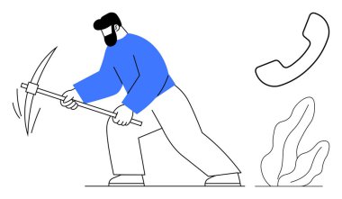 Kazma kullanan, çabalayan ve odaklanan bir adam. Yakınlarda yüzen telefon alıcısı çoklu görev ya da dikkat dağıtma anlamına gelir. İş yükü, üretkenlik, sıkı çalışma, dijital kesintiler, çoklu görevler için ideal