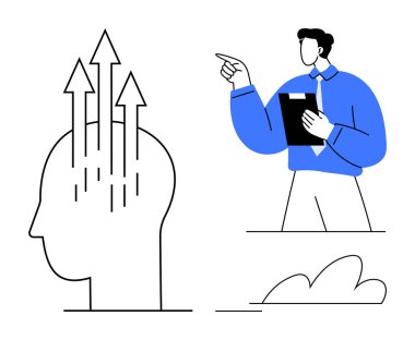 İlerleme ve yeniliği temsil eden yukarı doğru okları olan bir baş profilinin yanı sıra bir pano ile çözüm öneren bir iş adamı profili. Büyüme, yaratıcılık, liderlik ve planlama için ideal