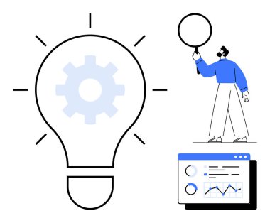 Ampulün içindeki teçhizat yeniliği simgeler, insan keşif için büyüteç tutar, ekran veri içgörülerini gösterir. Yaratıcılık, araştırma, analiz, problem çözme, çözümler ve başlangıç için ideal