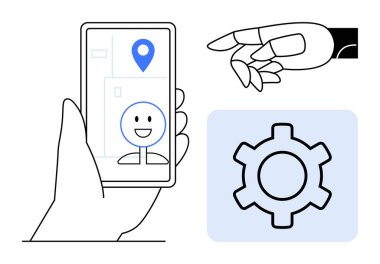 AR 'ın yüzünü ve konumunu gösteren bir telefon, yapay zeka konsepti için robot el ve ayarlar. Yapay zeka, robot bilimi, artırılmış gerçeklik, kişiselleştirme, gelecekteki teknoloji, uygulama geliştirme için ideal