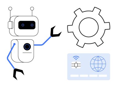 Pençeli robot dişli ve dijital kartın yanında yapay zeka, otomasyon, fintech, teknoloji, robot bilimi, makine öğrenmesini ve yeniliği temsil ediyor. Otomasyon sistemleri fintech için ideal