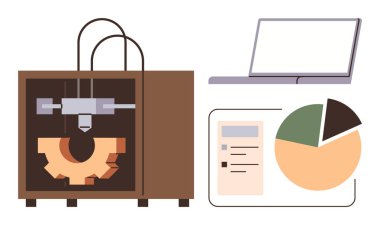 3D yazıcı dişli bileşeni, izleme için dizüstü bilgisayar, çizelge ve listeli veri paneli oluşturuyor. Teknoloji, otomasyon, yenilik, prototip, araştırma ve endüstri için ideal. Basit iniş sayfası.